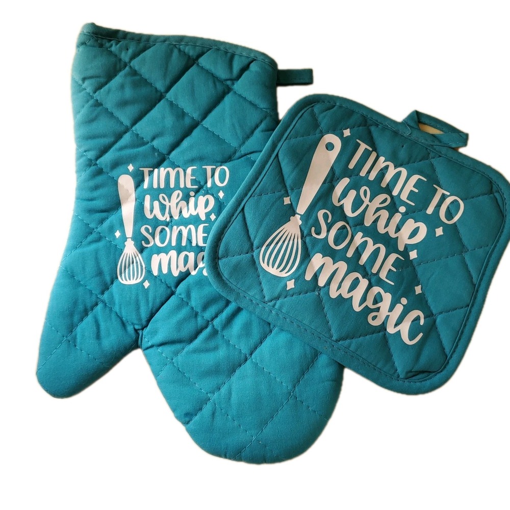 Handmade Oven Mitt And Pot Holder Blue With Saying Time To Whip Some Magic